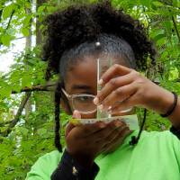 Student looks at water sample to test turbidity